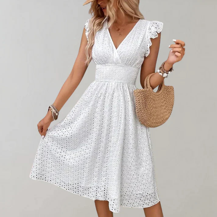 Ketilrid | Women's V-Neck Lace Trim Sleeveless Midi Sundress