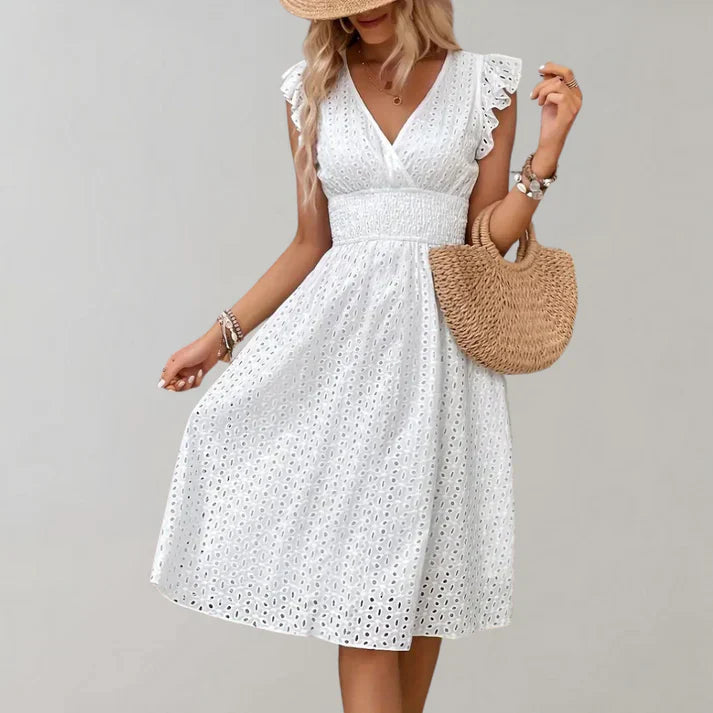 Ketilrid | Women's V-Neck Lace Trim Sleeveless Midi Sundress