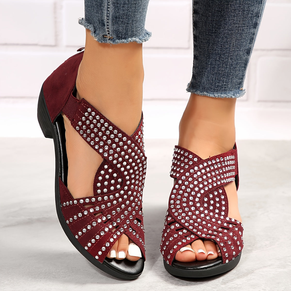 Peregrine | Women's Rhinestone Embellished Peep Toe Block Heel Sandals