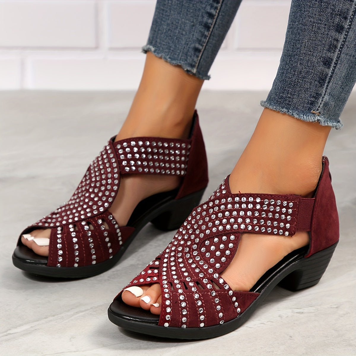 Peregrine | Women's Rhinestone Embellished Peep Toe Block Heel Sandals