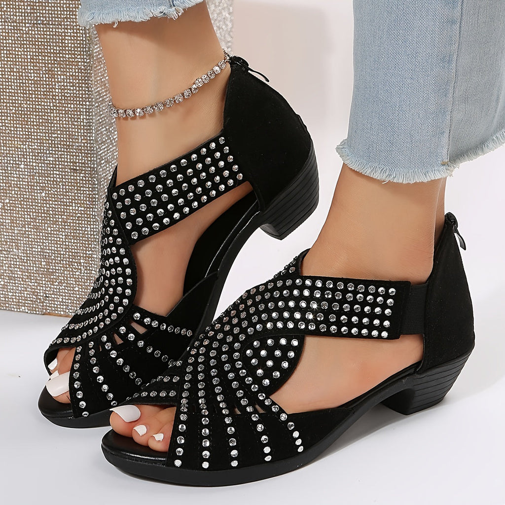 Peregrine | Women's Rhinestone Embellished Peep Toe Block Heel Sandals