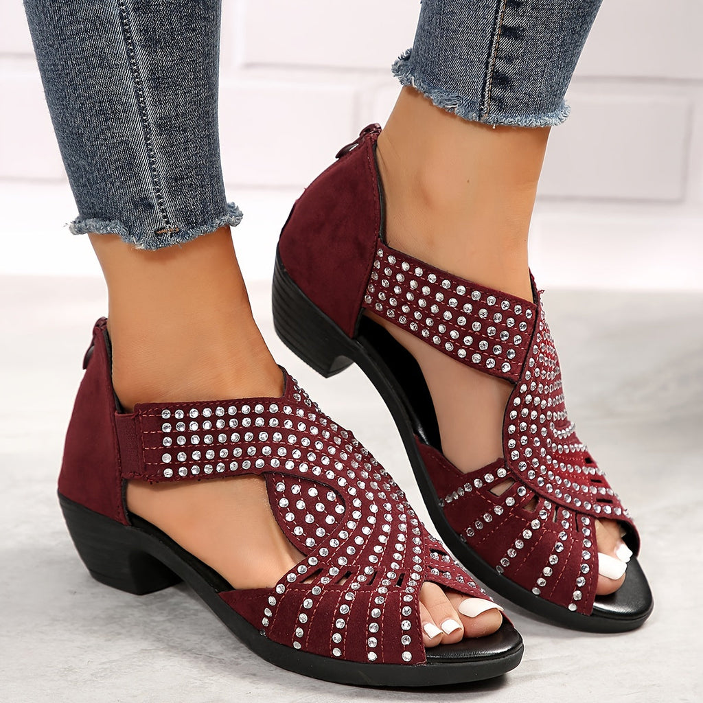 Peregrine | Women's Rhinestone Embellished Peep Toe Block Heel Sandals