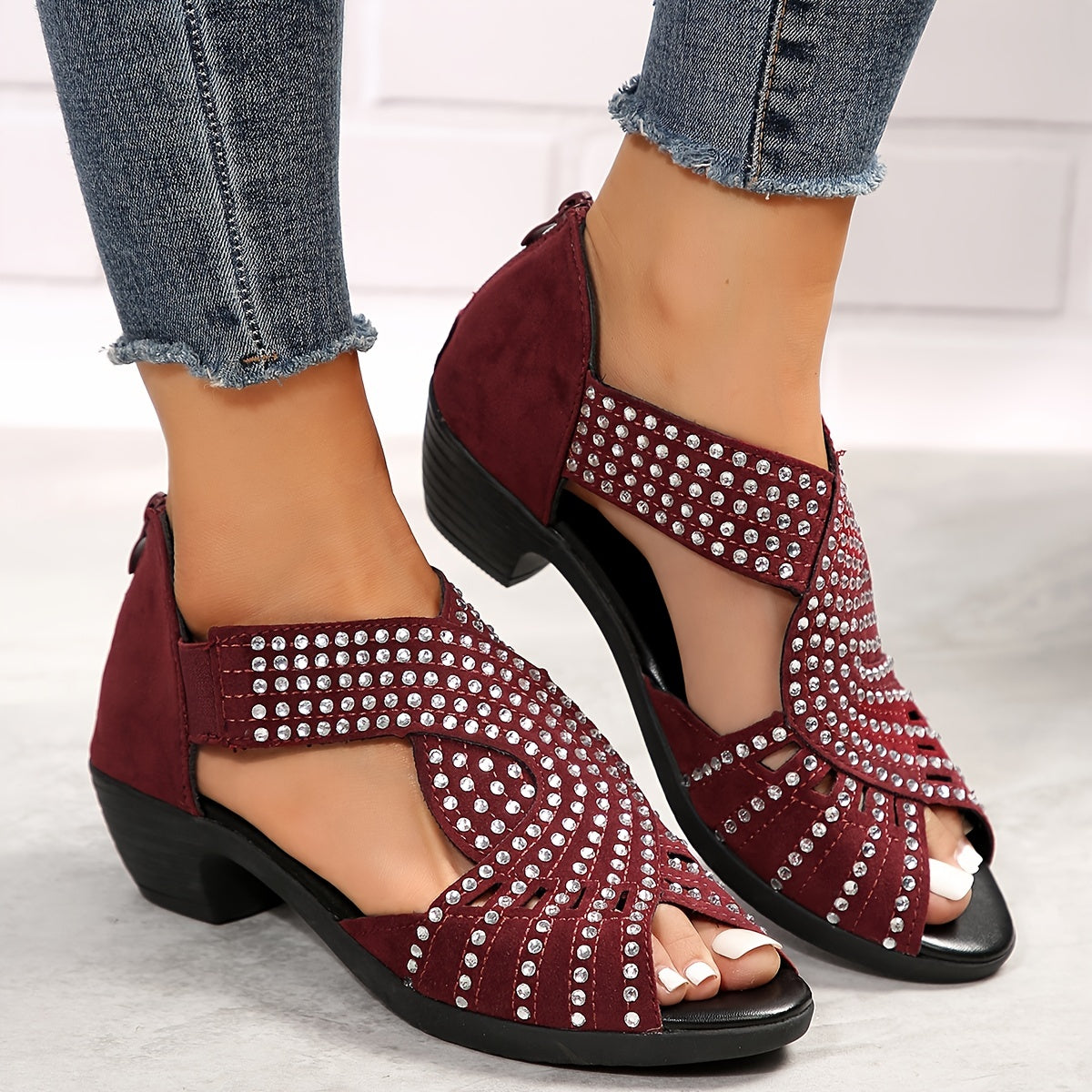 Peregrine | Women's Rhinestone Embellished Peep Toe Block Heel Sandals