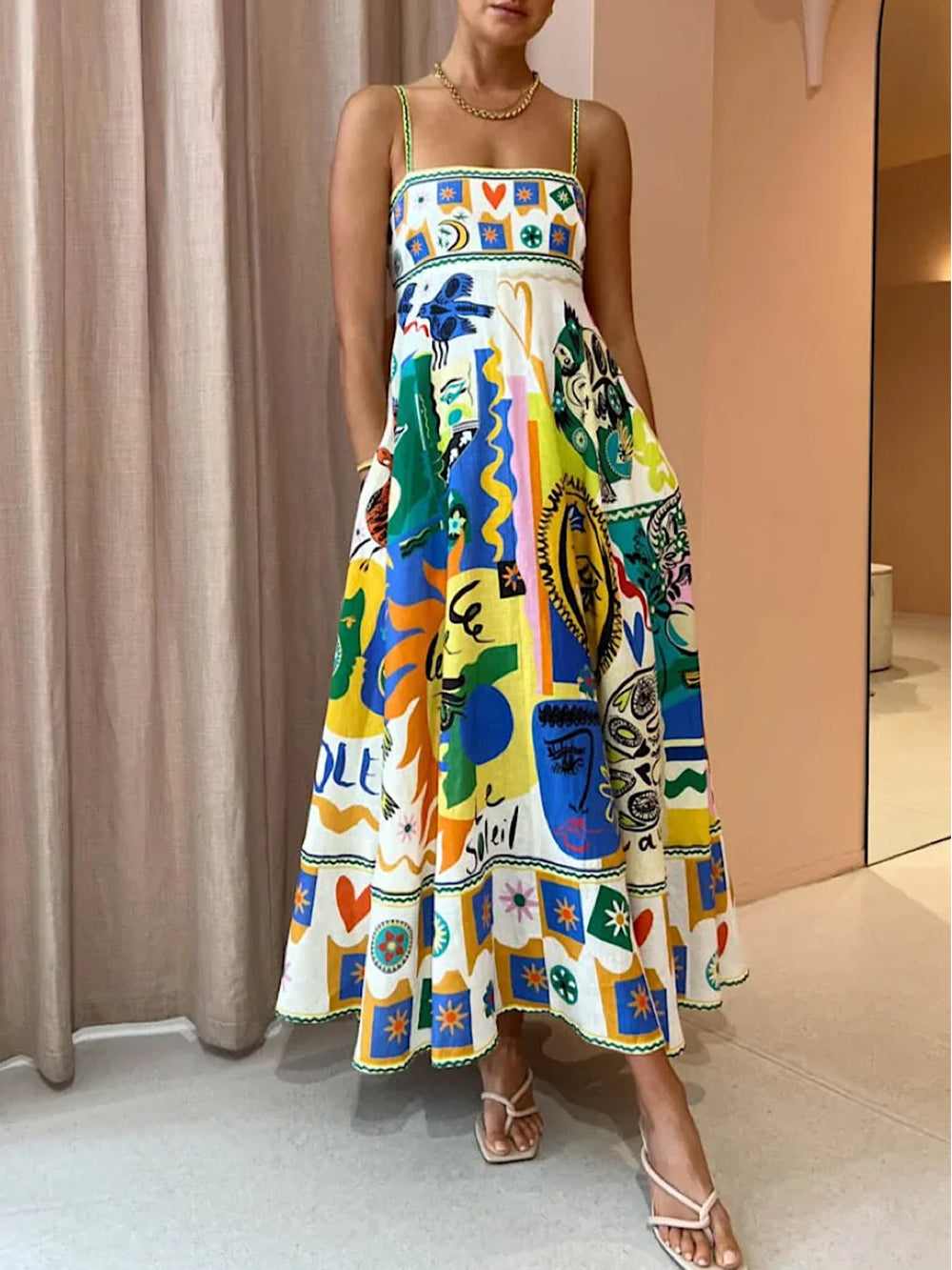 Piper | Women's Artistic Graphic Print Spaghetti Strap Maxi Sundress