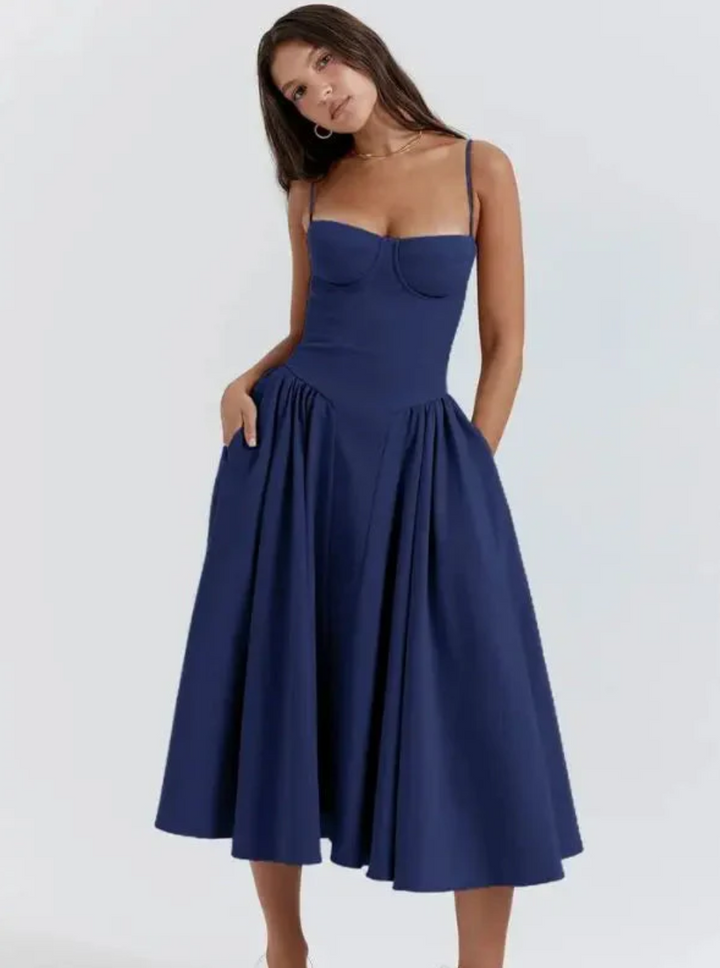 Pallavie | Women's Spaghetti Strap Bustier A-Line Midi Sundress