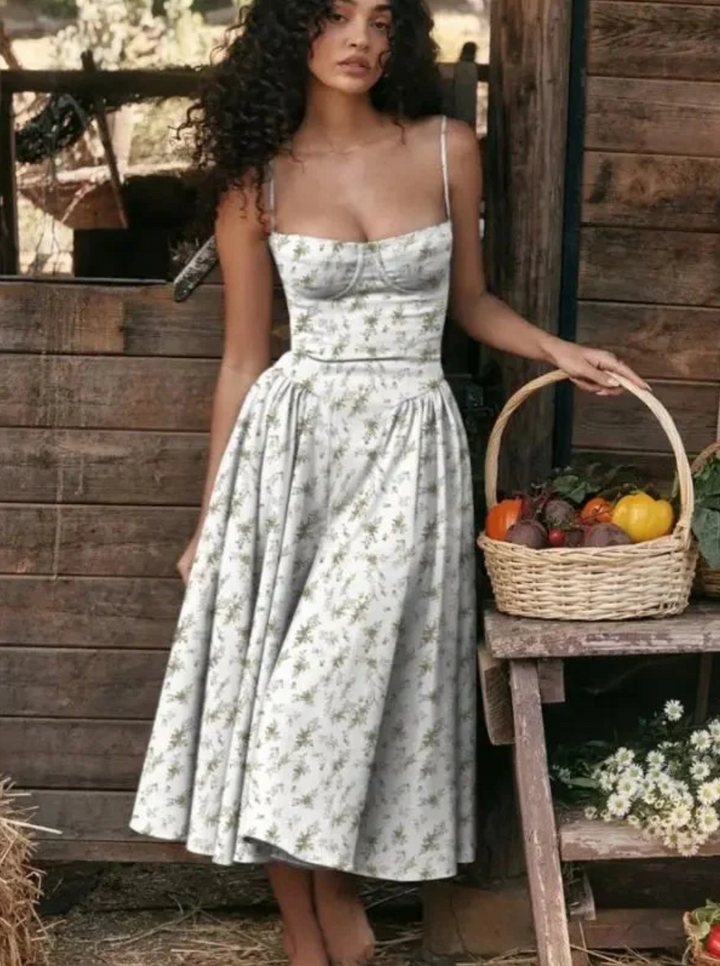 Pallavie | Women's Spaghetti Strap Bustier A-Line Midi Sundress