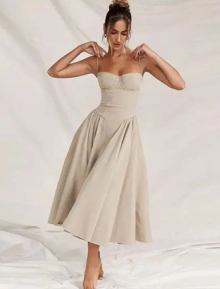 Pallavie | Women's Spaghetti Strap Bustier A-Line Midi Sundress
