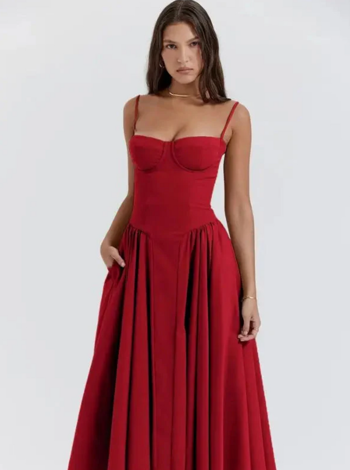 Pallavie | Women's Spaghetti Strap Bustier A-Line Midi Sundress