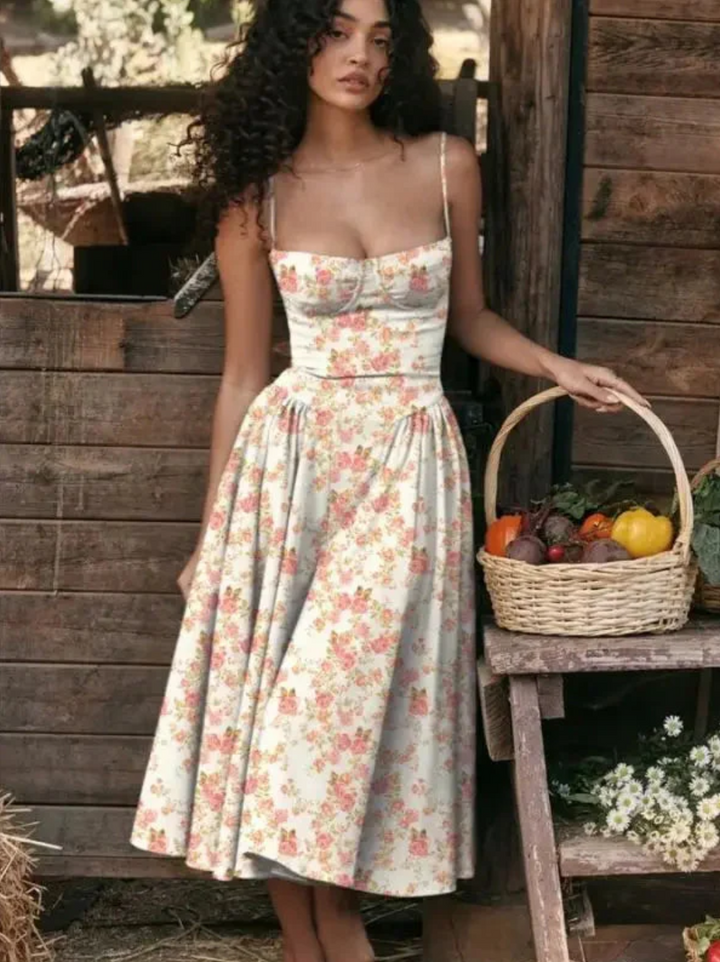 Pallavie | Women's Spaghetti Strap Bustier A-Line Midi Sundress