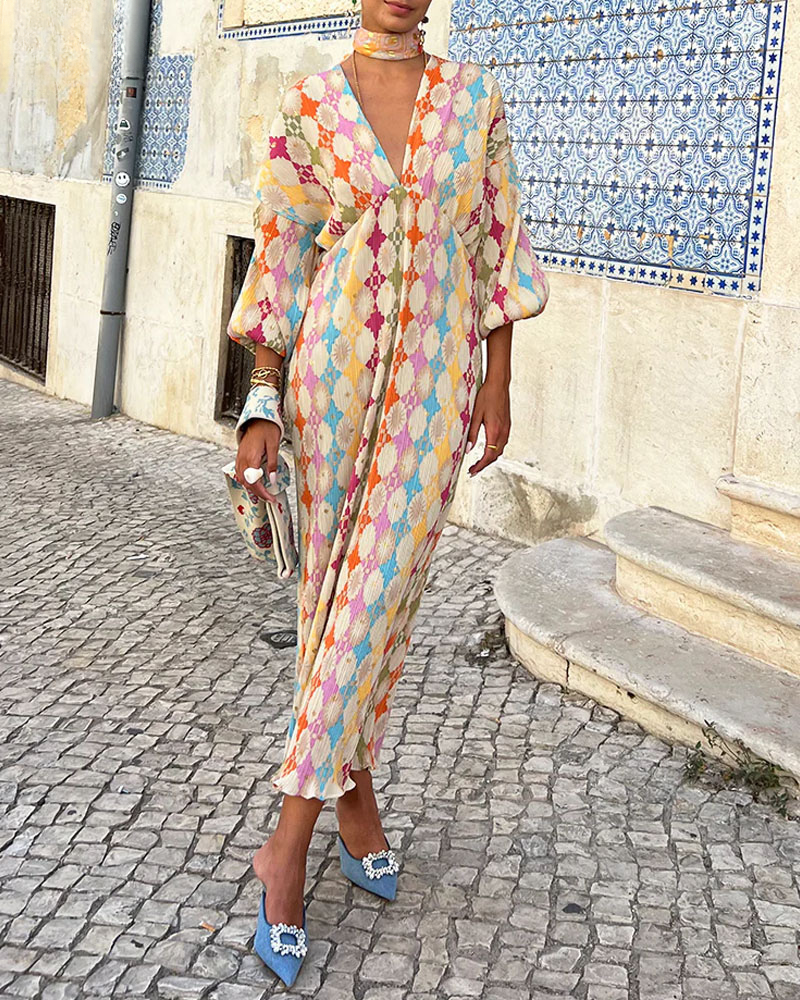 Eden | Women's Geometric Print V-Neck Kaftan Maxi Sundress
