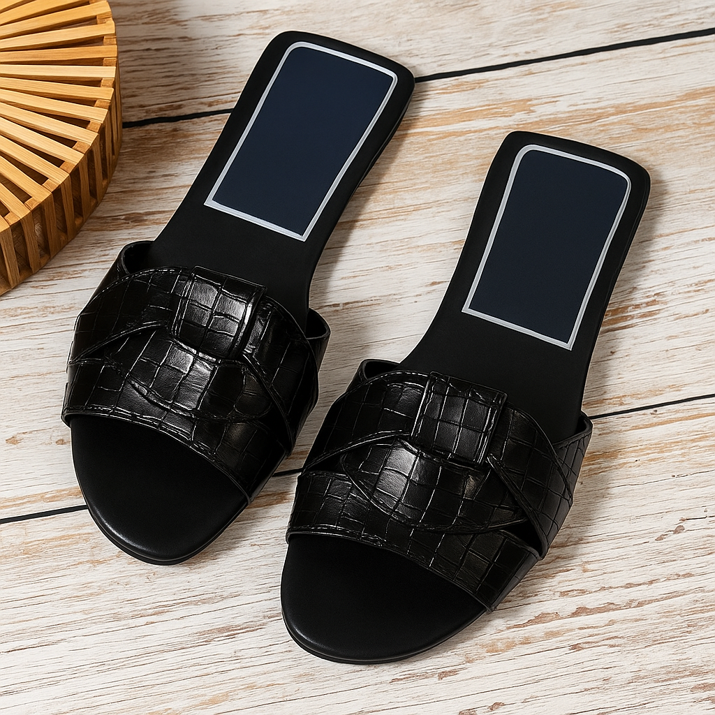 Niall | Women's Woven Panel Wide Strap Flat Slides