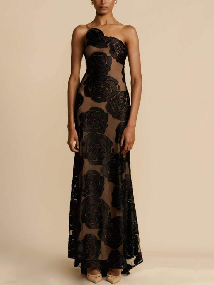 Harriet | Women's One Shoulder Floral Applique Sheer Maxi Dress