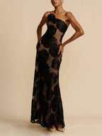 Harriet | Women's One Shoulder Floral Applique Sheer Maxi Dress