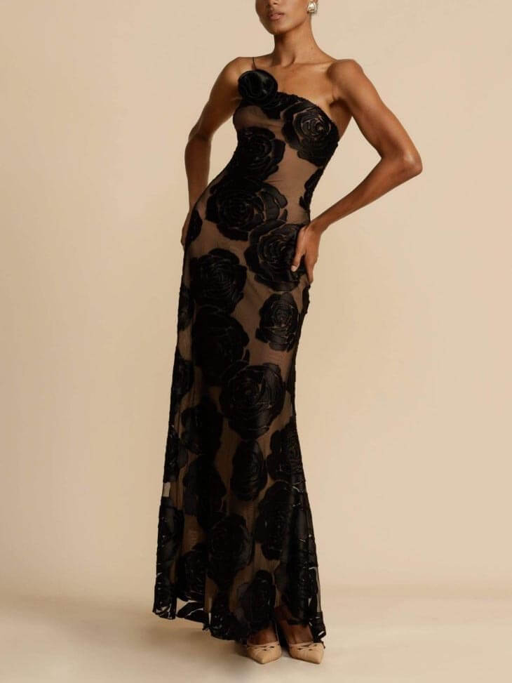 Harriet | Women's One Shoulder Floral Applique Sheer Maxi Dress