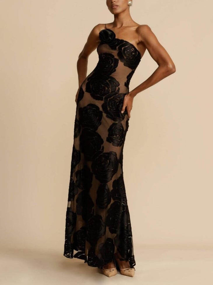 Harriet | Women's One Shoulder Floral Applique Sheer Maxi Dress