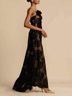 Harriet | Women's One Shoulder Floral Applique Sheer Maxi Dress