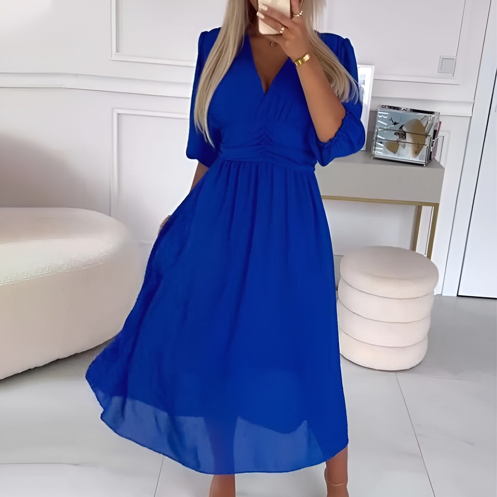 Iniga | Women's Long Sleeve V-Neck A-Line Midi Dress