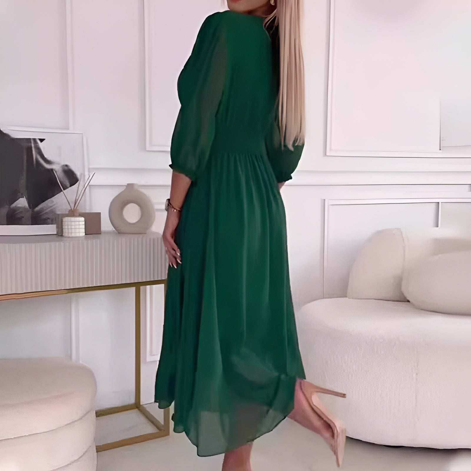 Iniga | Women's Long Sleeve V-Neck A-Line Midi Dress
