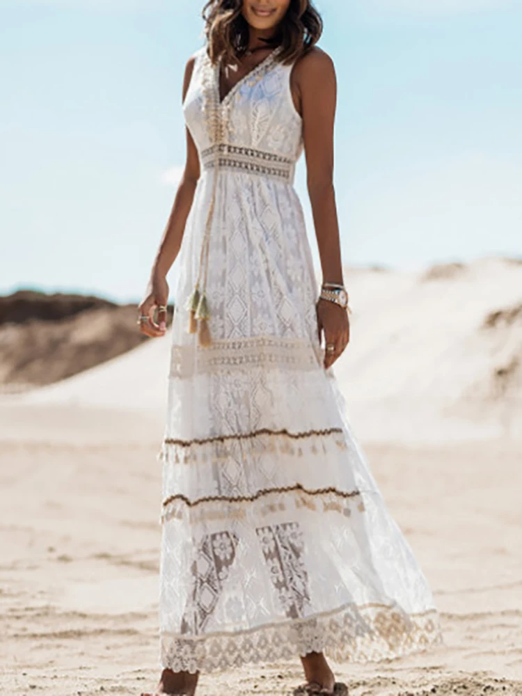 Jovita | Women's Boho Lace Tiered Sleeveless Maxi Dress