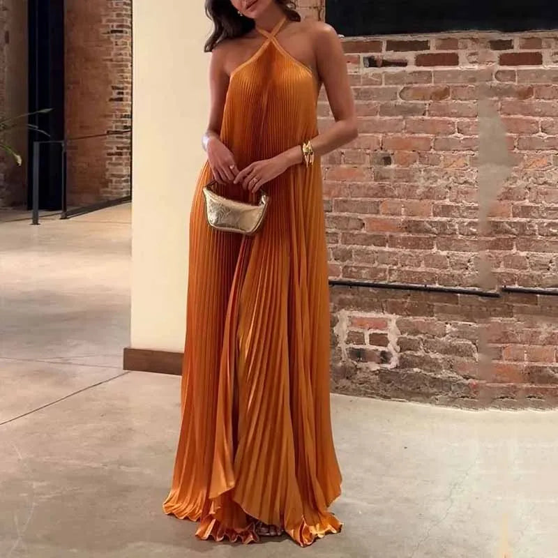 Eva | Women's Elegant Halter Neck Pleated A-Line Maxi Dress
