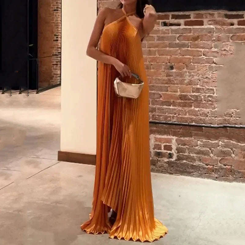 Eva | Women's Elegant Halter Neck Pleated A-Line Maxi Dress