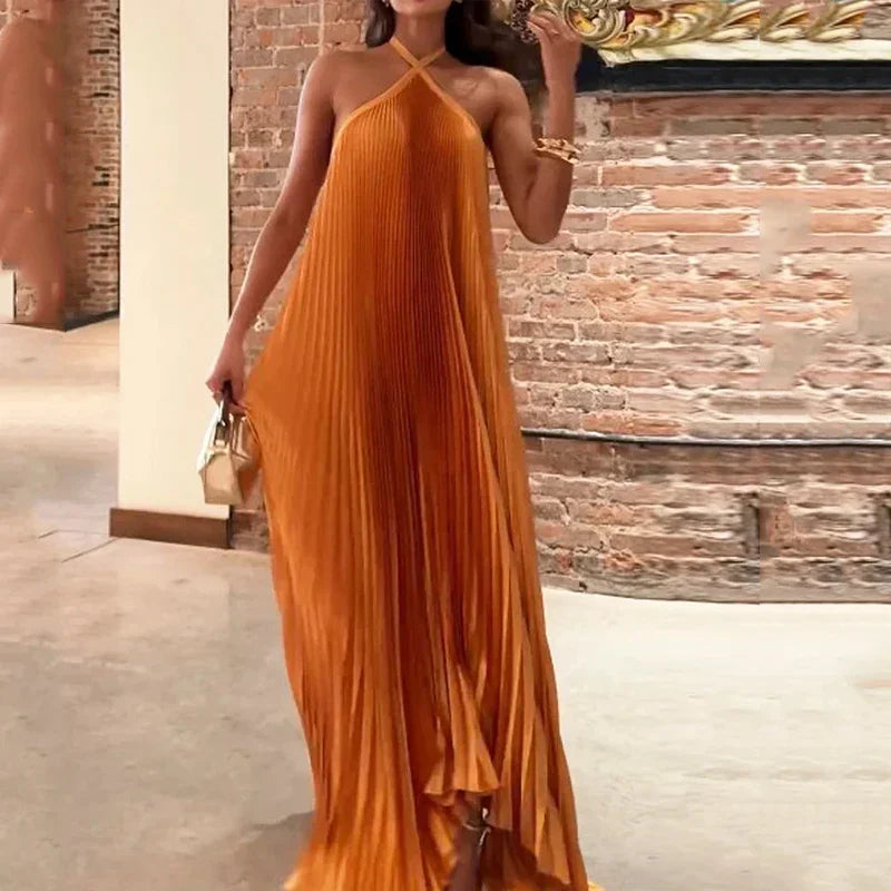 Eva | Women's Elegant Halter Neck Pleated A-Line Maxi Dress