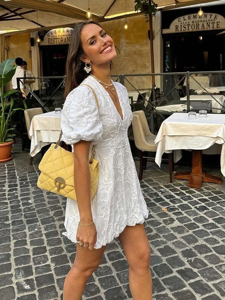 Gloria | Women's Chic Textured Puff Sleeve V-Neck Mini Dress
