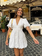 Gloria | Women's Chic Textured Puff Sleeve V-Neck Mini Dress