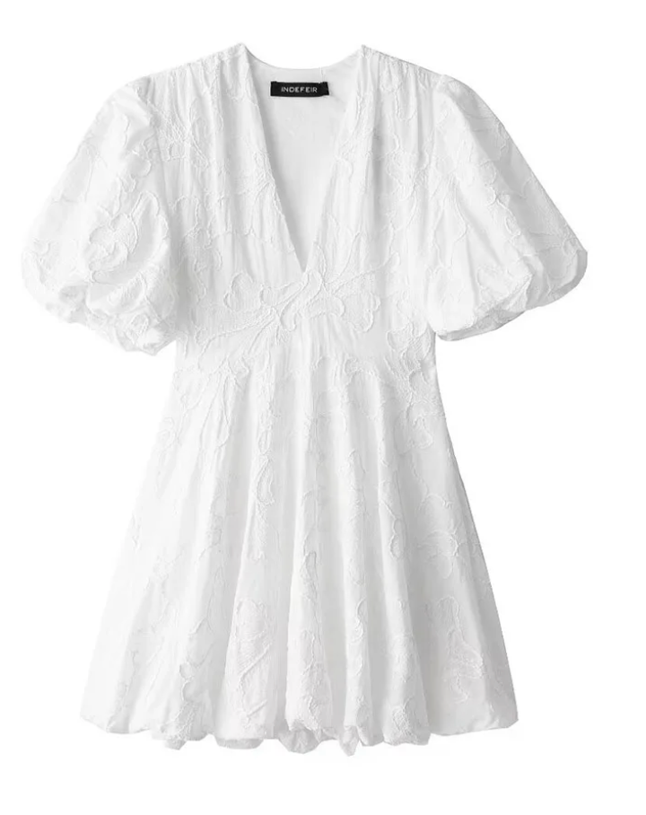Gloria | Women's Chic Textured Puff Sleeve V-Neck Mini Dress