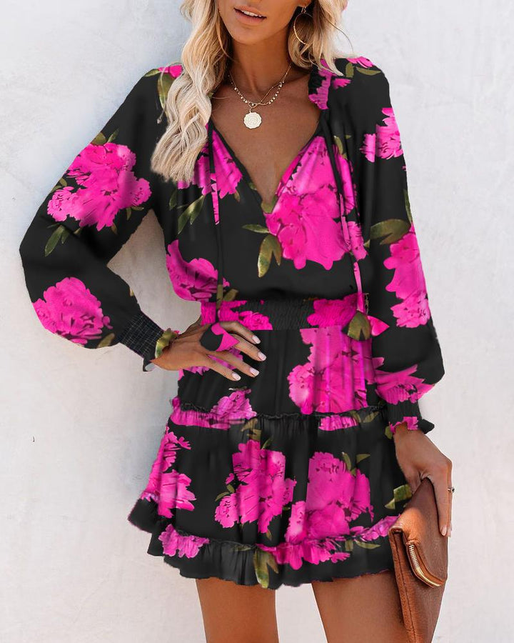 Bianca | Women's Floral Long Sleeve Smocked Waist Mini Dress