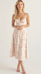 Fernanda | Women's Floral Sweetheart Neck Spaghetti Strap Midi Dress