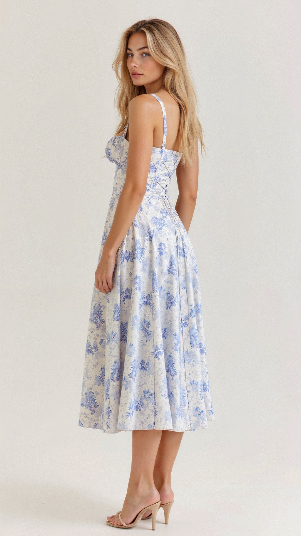 Fernanda | Women's Floral Sweetheart Neck Spaghetti Strap Midi Dress