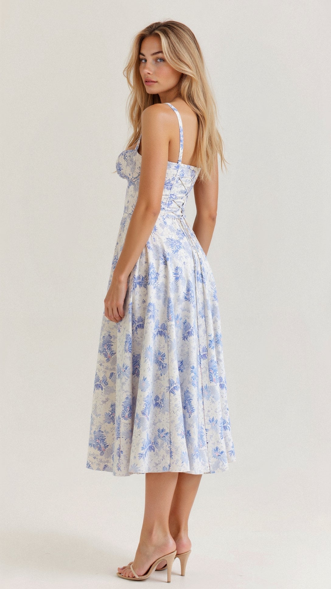 Fernanda | Women's Floral Sweetheart Neck Spaghetti Strap Midi Dress