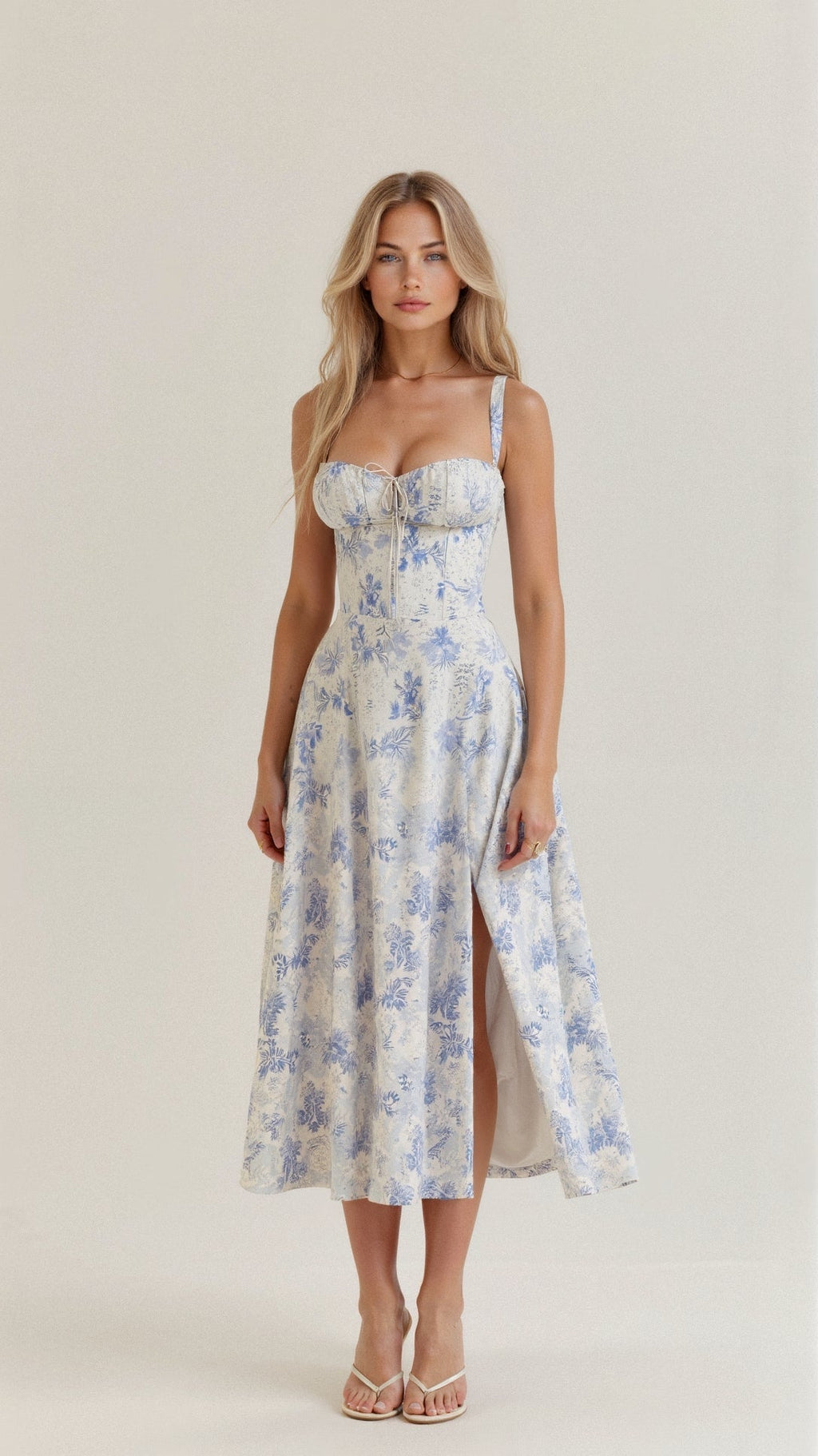 Fernanda | Women's Floral Sweetheart Neck Spaghetti Strap Midi Dress