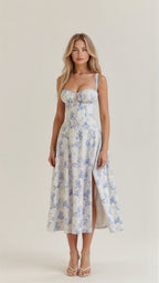 Fernanda | Women's Floral Sweetheart Neck Spaghetti Strap Midi Dress