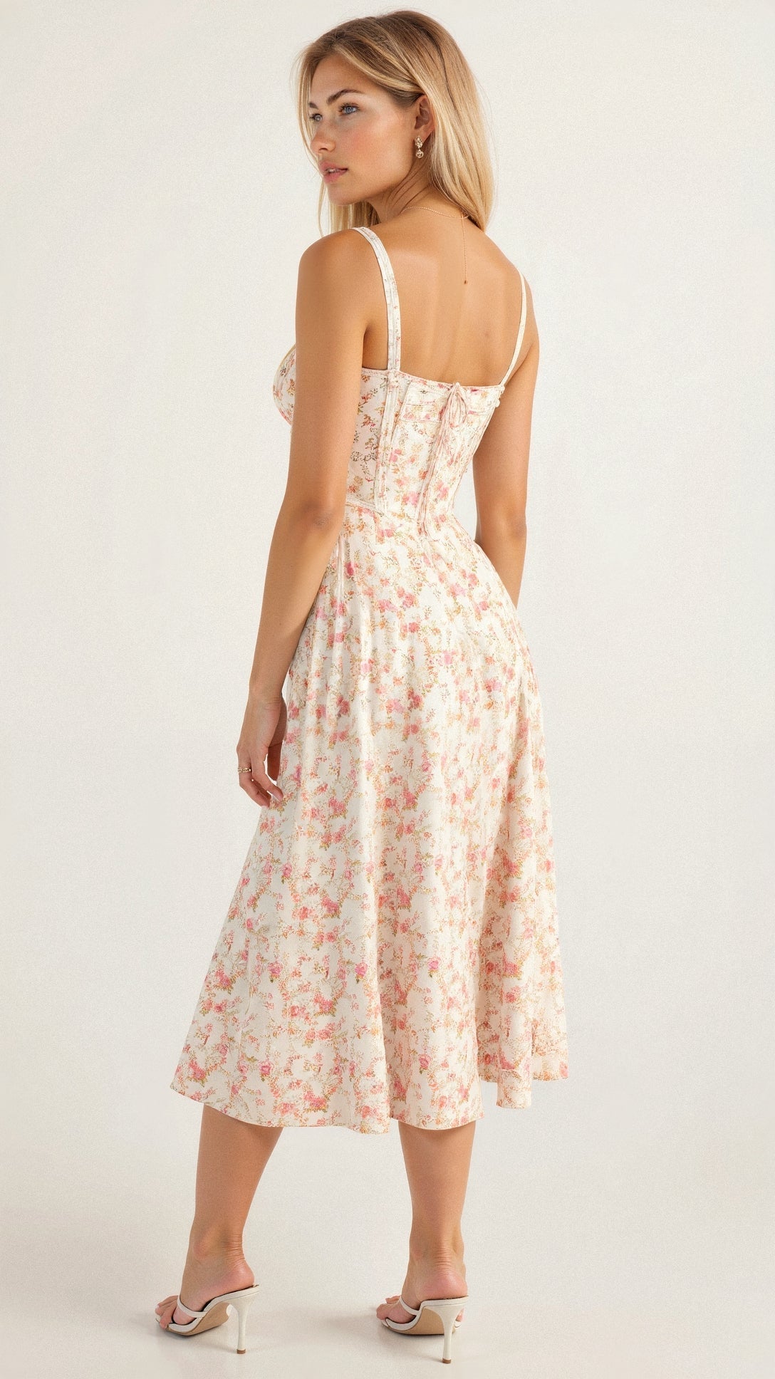 Fernanda | Women's Floral Sweetheart Neck Spaghetti Strap Midi Dress