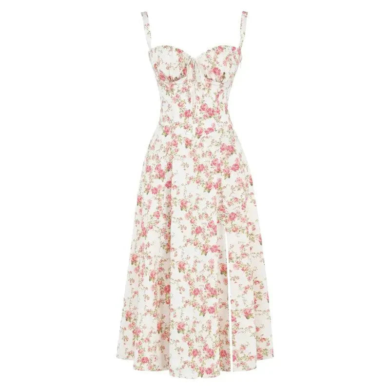 Fernanda | Women's Floral Sweetheart Neck Spaghetti Strap Midi Dress