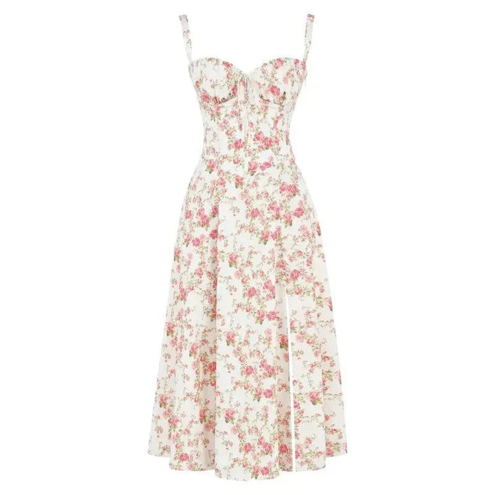 Fernanda | Women's Floral Satin Sweetheart Neck Spaghetti Strap Midi Dress