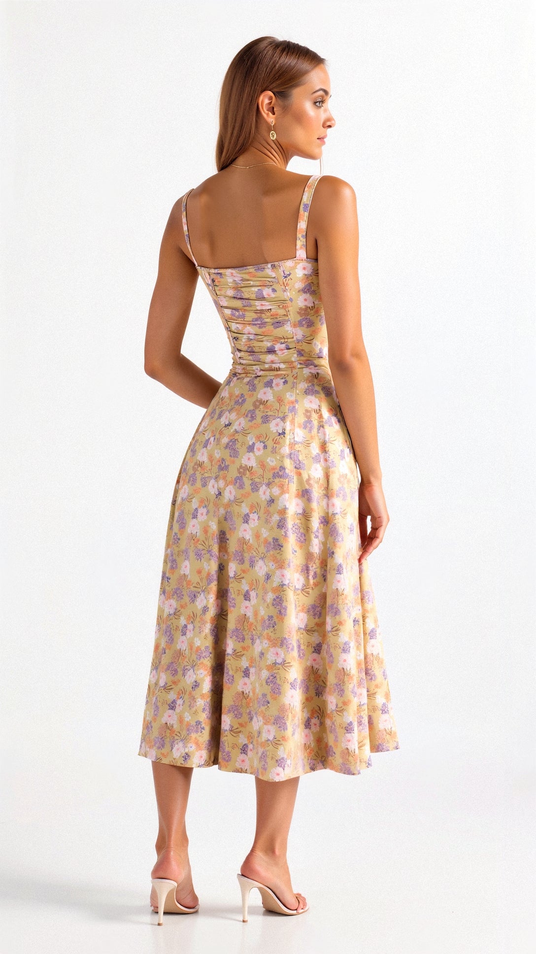 Fernanda | Women's Floral Sweetheart Neck Spaghetti Strap Midi Dress