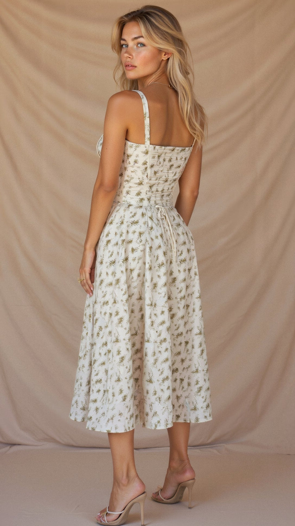 Fernanda | Women's Floral Sweetheart Neck Spaghetti Strap Midi Dress