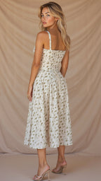Fernanda | Women's Floral Sweetheart Neck Spaghetti Strap Midi Dress