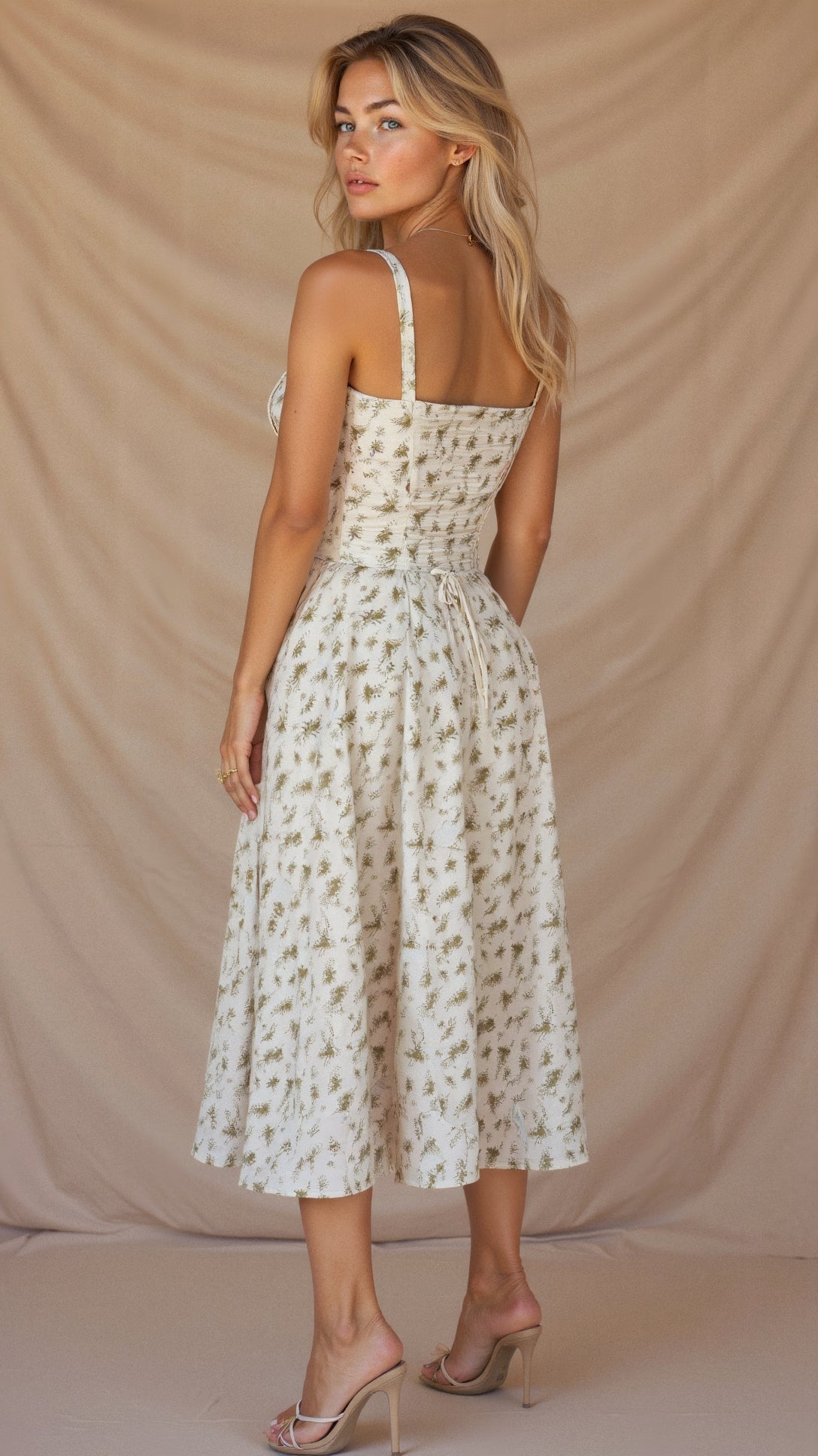 Fernanda | Women's Floral Sweetheart Neck Spaghetti Strap Midi Dress