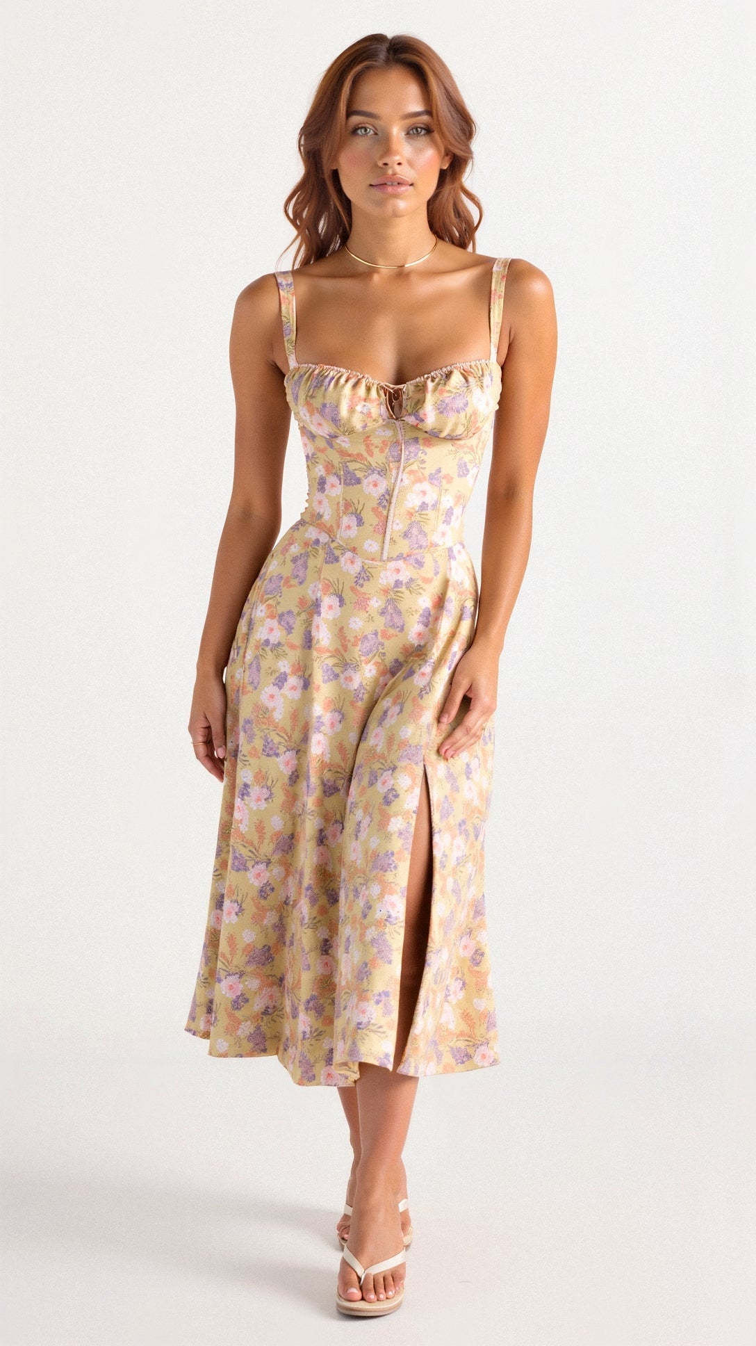Fernanda | Women's Floral Sweetheart Neck Spaghetti Strap Midi Dress