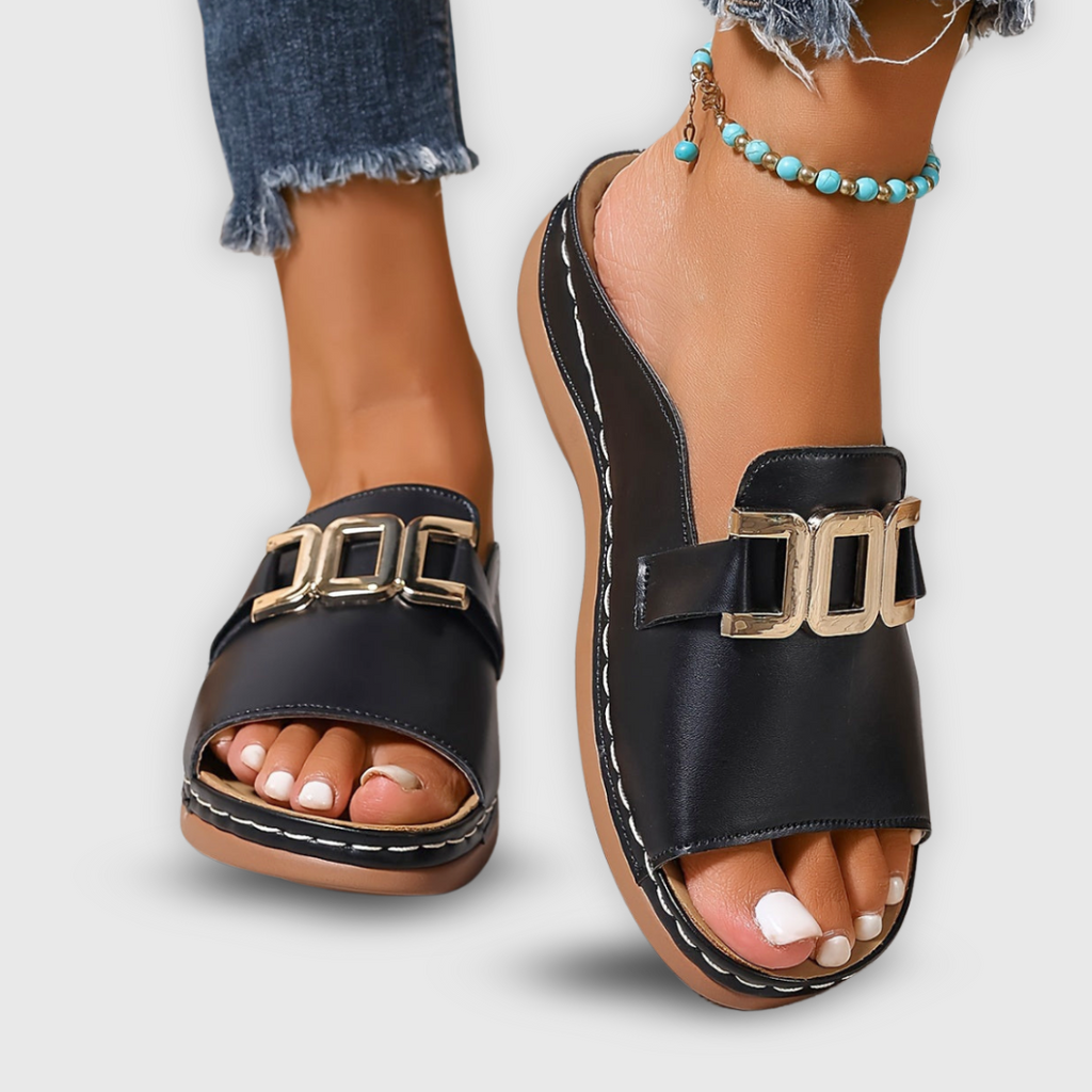 Odalys | Women's Gold Hardware Flat Slide Sandals