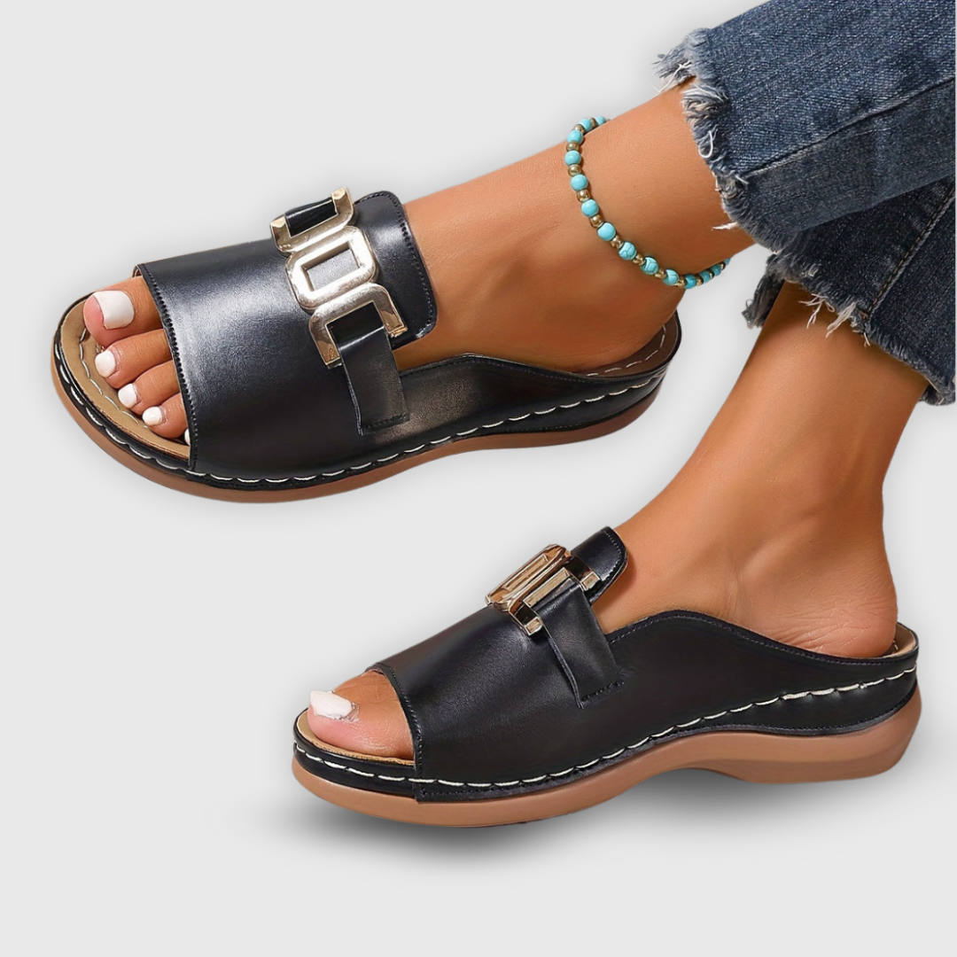 Odalys | Women's Gold Hardware Flat Slide Sandals