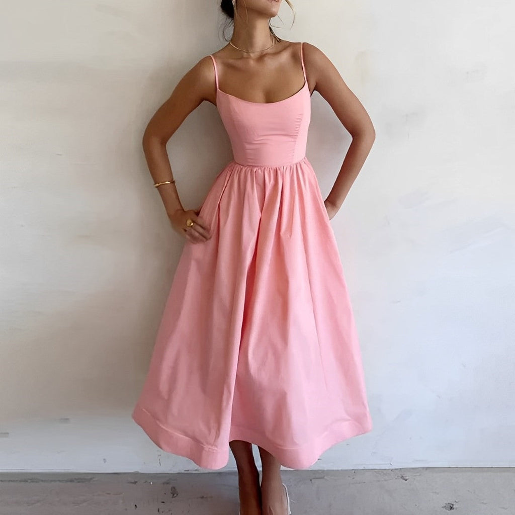 Yewande | Women's Spaghetti Strap Scoop Neck A-Line Midi Sundress