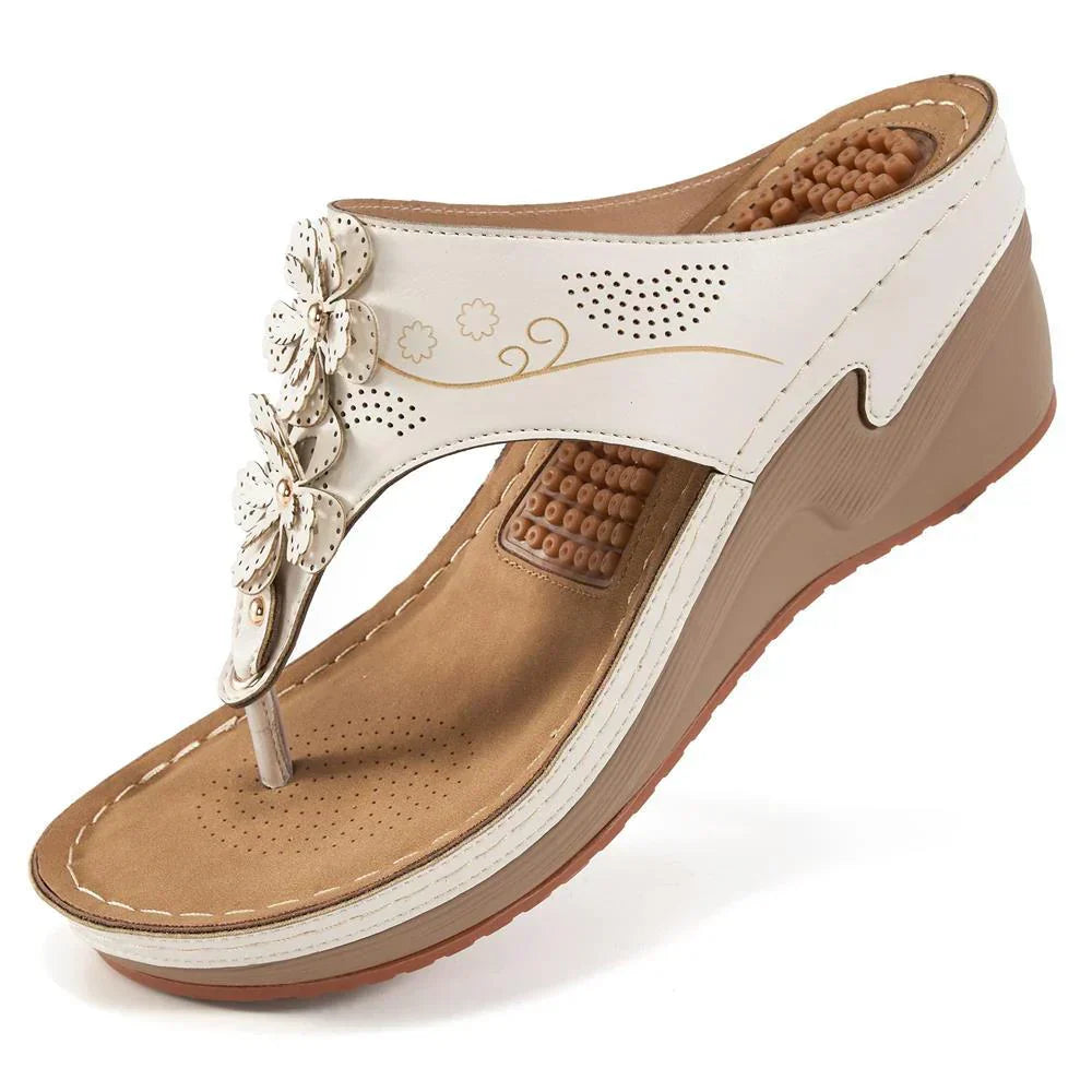 Godelieve | Women's Floral Embellished Toe Post Wedge Slides