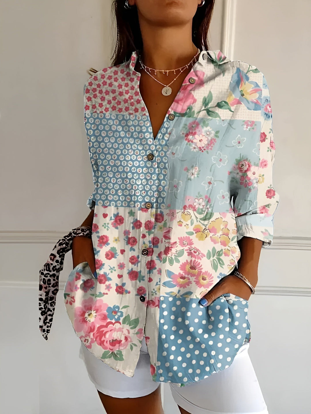 Axelle | Women's Elegant Floral Print Button-Up Linen Shirt