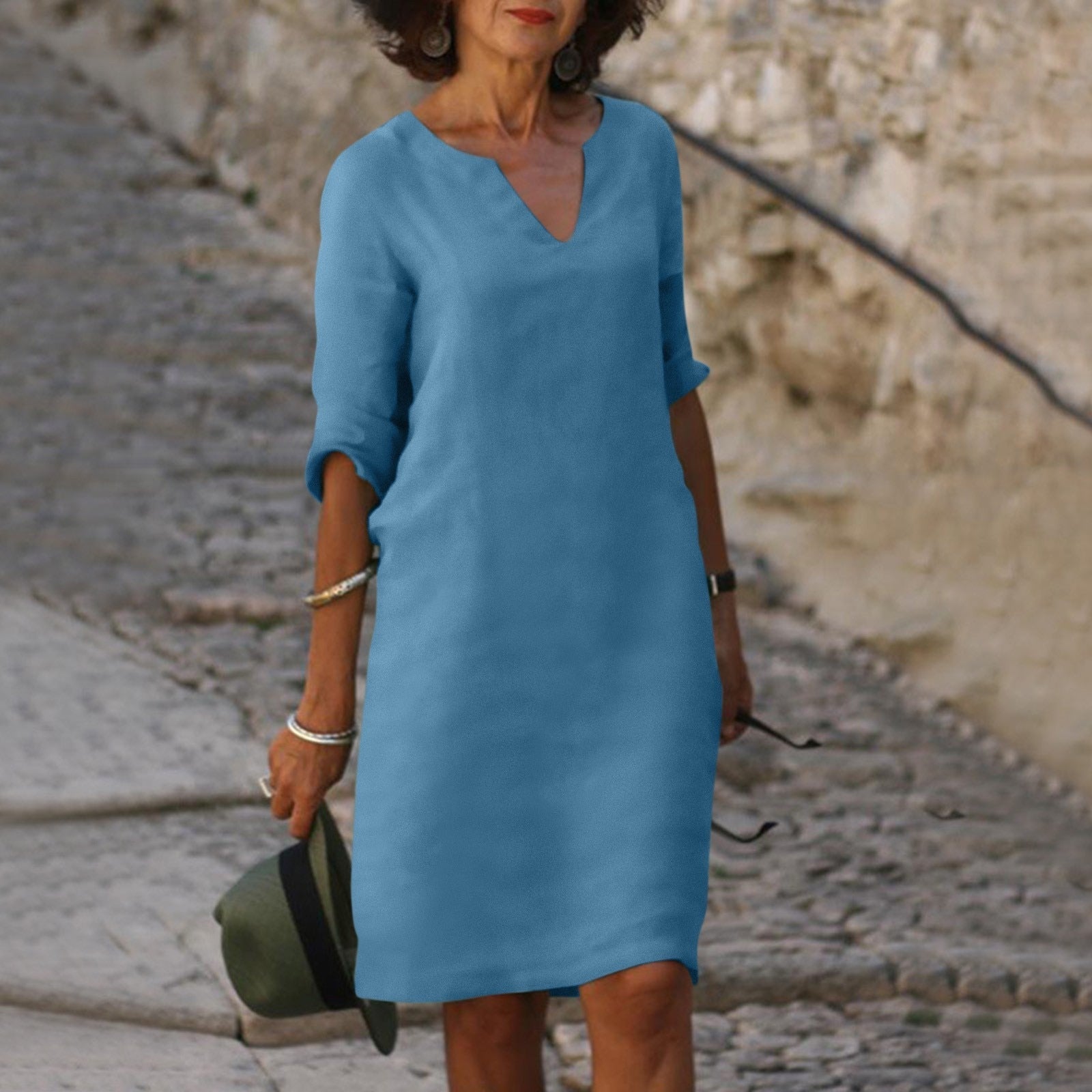 Anya | Women's Casual V-Neck Linen Summer Midi Dress