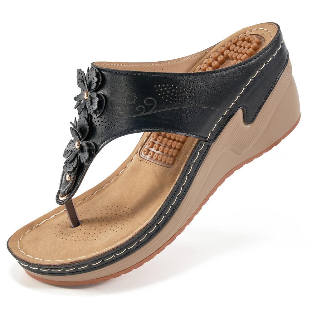 Godelieve | Women's Floral Embellished Toe Post Wedge Slides